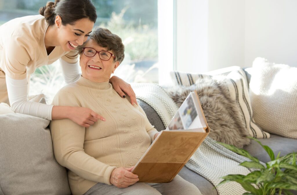 Healthcare aid assisting a resident.