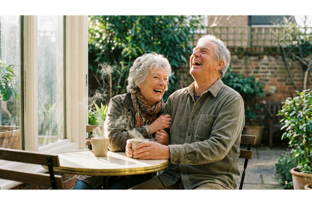 Two older adults laughing together while sitting at a table with coffee cups in a bright, sunlit room.